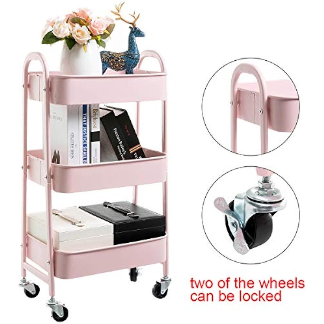 DOEWORKS Storage Cart 3 Tier Trolley Kitchen & Beauty Trolley Metal Rolling Storage Organizer Cart on Wheels for Bedroom, Makeup, Bathroom, Office, Light Pink