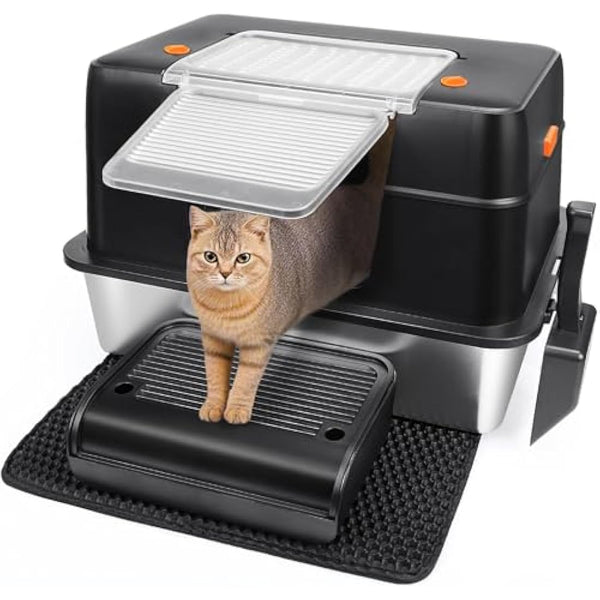 Vivifying Stainless Steel Cat Litter Tray, High-Sided, Removable and Metal Leak-Proof Enclosed Stainless Steel Cat Litter Box with Lid with Scoop, Steps and Mat (Black)