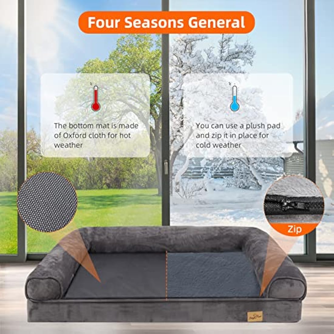 BingoPaw Medium Dog Sofa Bed: Memory Foam Orthopedic Pet Mattress Cushion Washable - Waterproof Calming Bolster Dog Couch with Pillow Grey L (80x60cm)