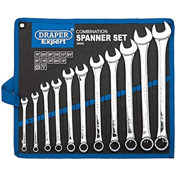 Draper Expert HI-TORQ® 1/4" to 7/8" Combination Spanner Set | 11 Piece Chrome Vanadium Steel Hand Tools | Imperial Manual Plated Tools | 29546