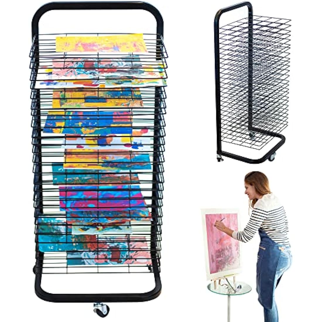 Art Drying Rack For Classroom | Functional & Mobile Paint Drying Rack | 25 Removable Shelves | Canvas Rack Art Storage | Painting Drying Rack With Wheels | Stack Rack For Painting, Drawings, And More