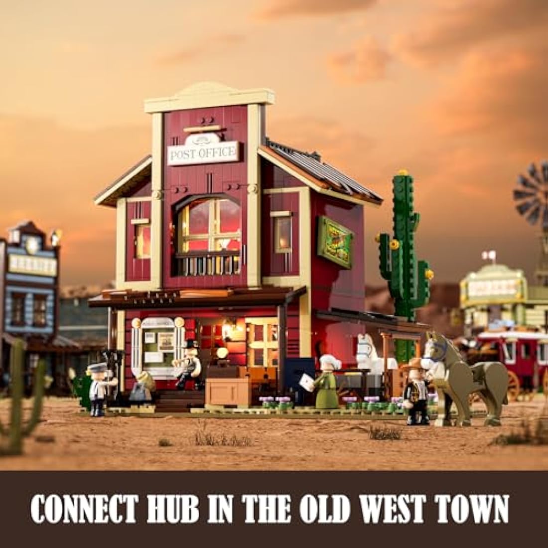 FUNWHOLE Western Post Office Building Set – 1692 PCS Wild West Modular with 6 LED Lights, Cowboy Town Model for Adults & Collectors, Compatible with Western Series
