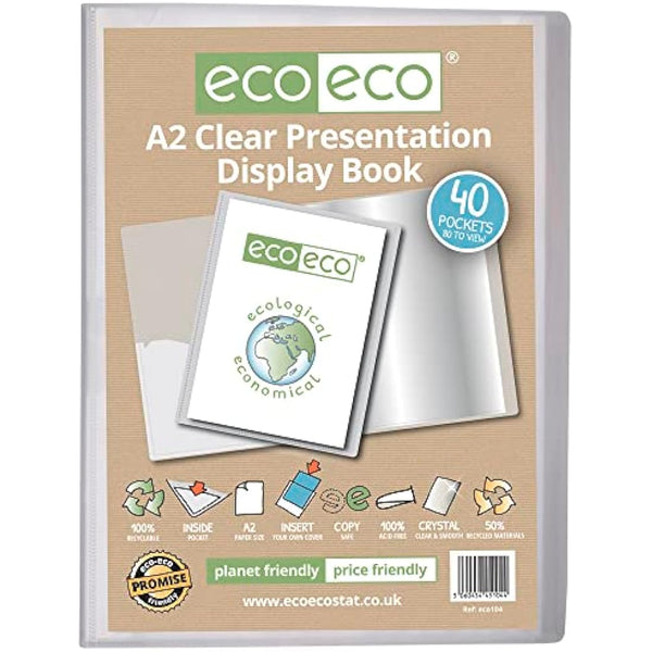eco-eco A2 Size 50% Recycled 40 Pocket Clear Presentation Display Book, Storage Case Portfolio Art Folder with Plastic Sleeves, eco104