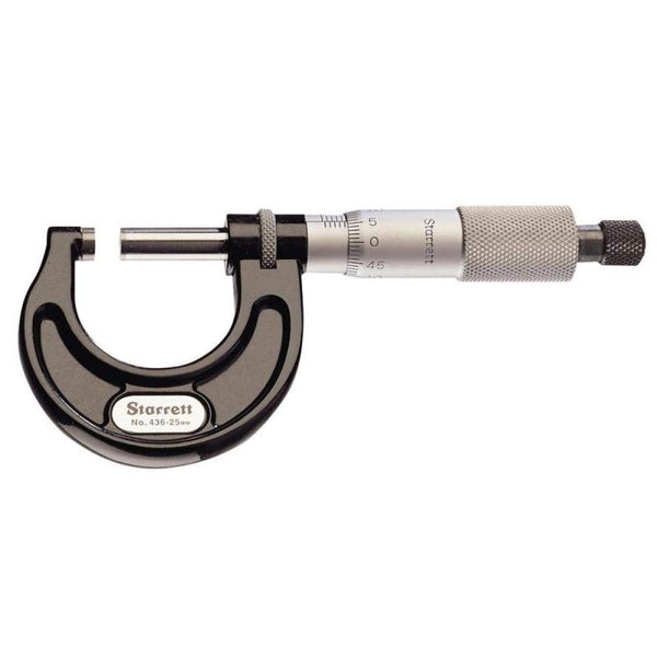 Starrett 436.1XRL-1 Outside Micrometre, Ratchet Stop, Lock Nut, Carbide Faces, 0-1" Range, 0.001" Graduation
