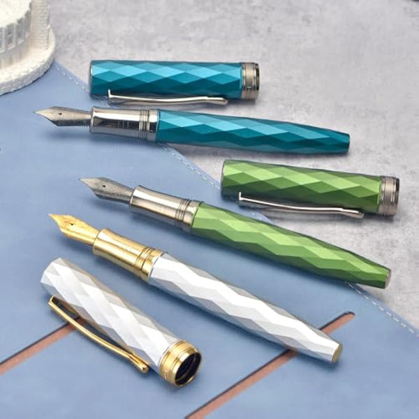 HONG DIAN N11 Fountain Pen, Titanium-Coated Black Fine Soft Nib, Peacock Blue & Lozenge Geometric Design with Metal Case Set
