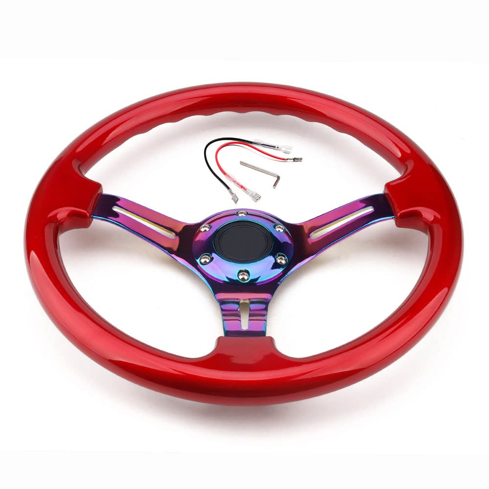 350mm Green Racing Steering Wheel Neo Chrome Spoke Universal 6 Bolts 45mm Deep Dish Classic ABS Wood Steering Wheel with Horn Button