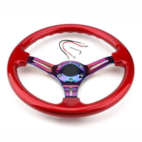 350mm Green Racing Steering Wheel Neo Chrome Spoke Universal 6 Bolts 45mm Deep Dish Classic ABS Wood Steering Wheel with Horn Button
