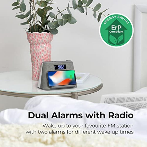 i-box Alarm Clocks Bedside, Alarm Clock with Wireless Charging, Bluetooth Speaker, FM Radio, Qi Wireless Charger, White Noise Machine, Night Light/Mood Light, USB Port, Dimmable, Non Ticking