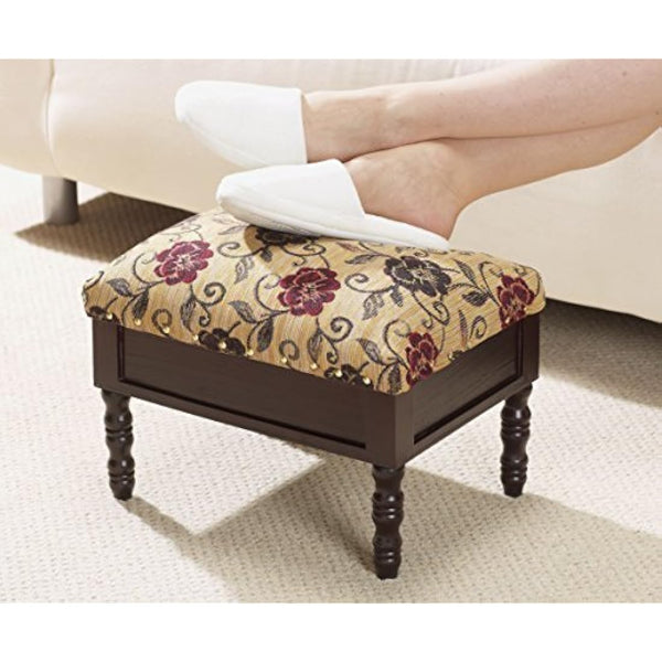 Floral Fabric Footstool with Storage Compartment and Padded Lid – Upholstered Ottoman for Living Room Comfort and Organisation with Dark Wood Classic Finish