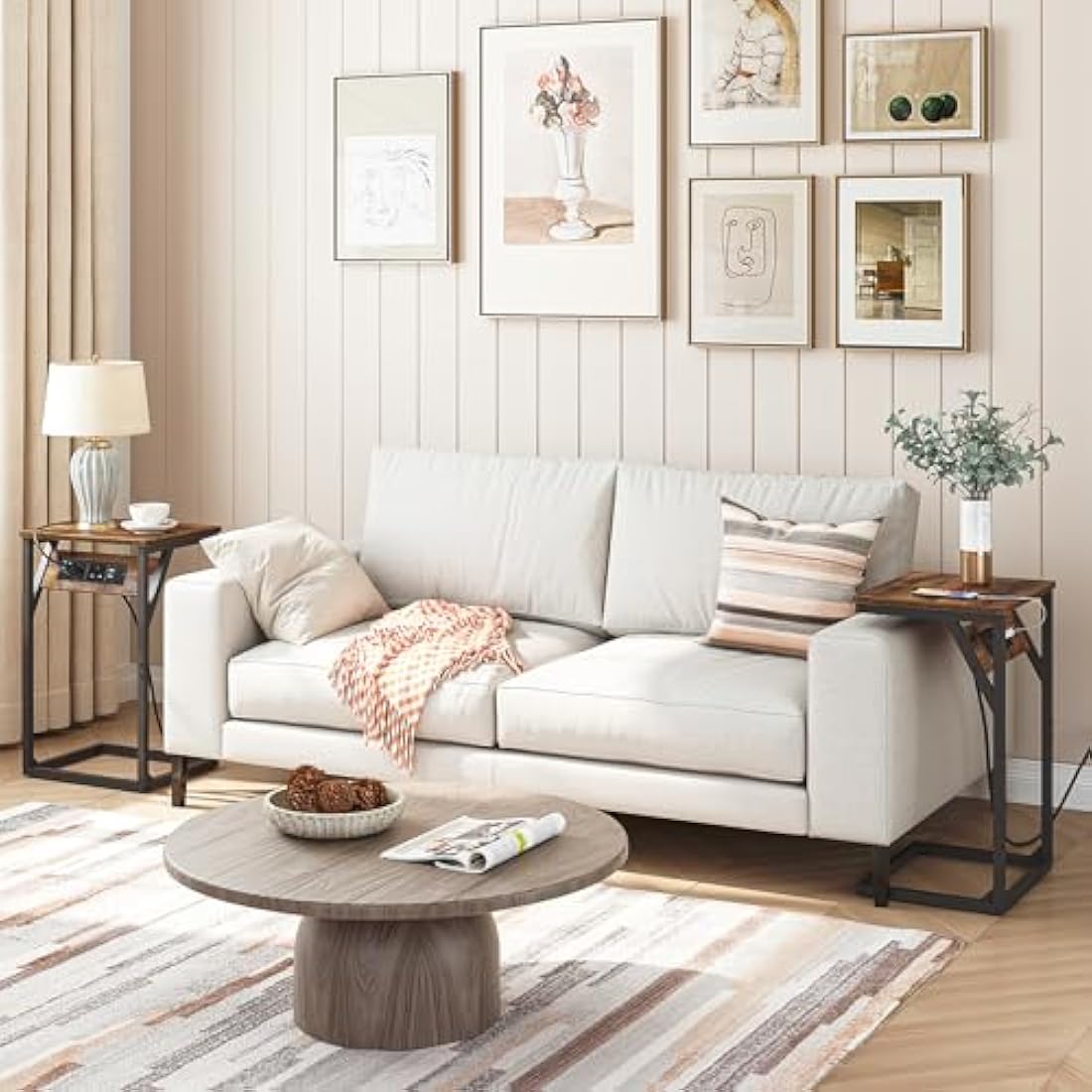 HOOBRO C Shaped Side Table, Sofa Side Table with Charging Station, 2 Plug Sockets and 2 USB Ports, Narrow Bedside Table for Small Spaces, Laptop Table for Sofa, Rustic Brown and Black EBF06KSF01