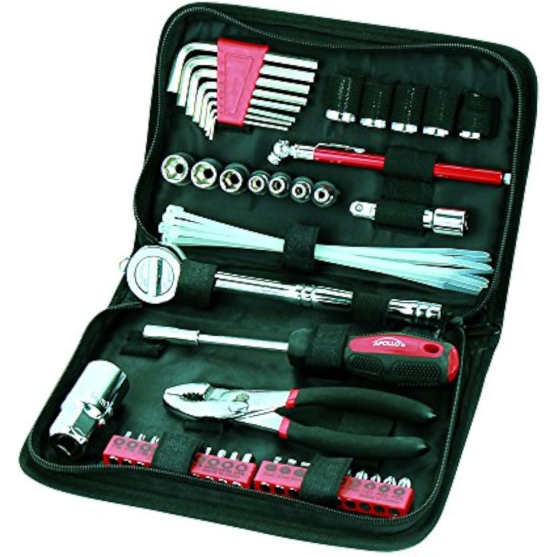 Apollo Tools 56 Piece Compact Metric Auto Tool Set in Zippered Case, Small Mechanic Tool Set for Car, Motorcycle Repair on The Road, Great for Travel - Red - DT9775