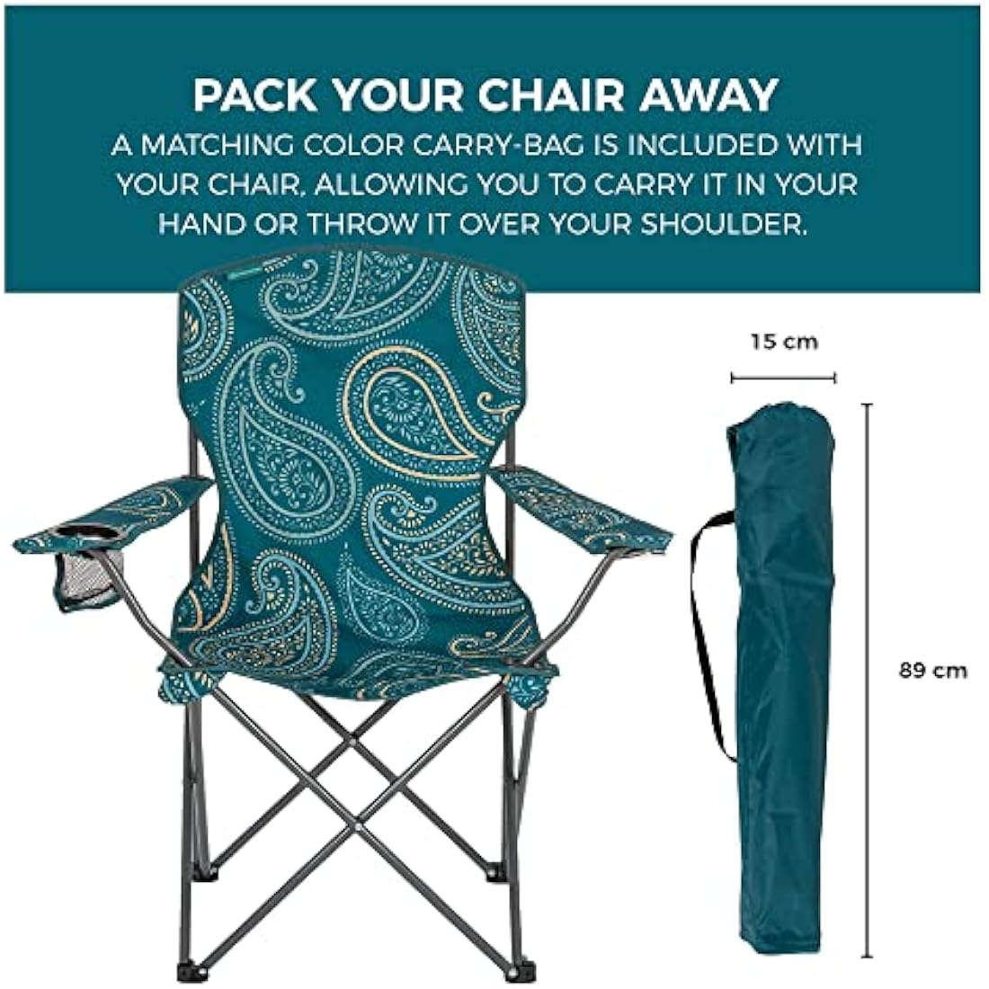 Highlander Camping Chair - Compact & Lightweight Folding Chair, 2.2kg, Portable Chair for Outdoors, Durable Steel Frame Arm Chair with Cup Holder