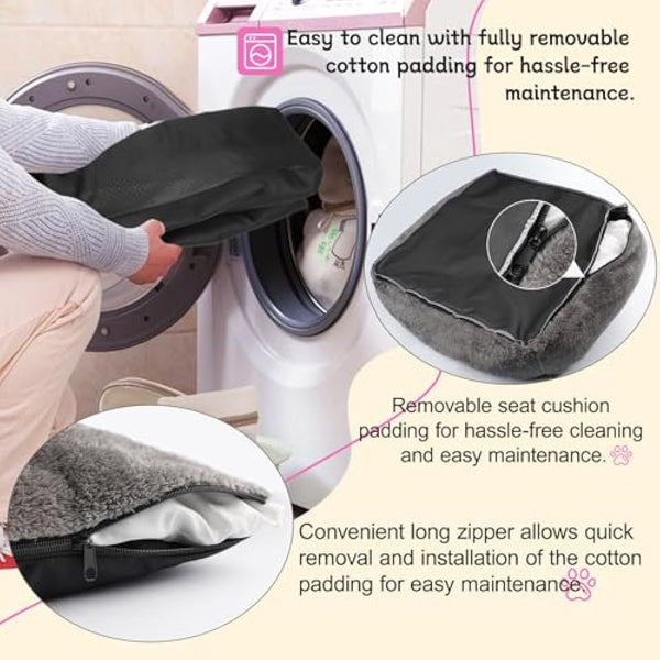 Dog Car Booster Seat for Small Dogs, Black Plush & Cosy Pet Travel Bed with Storage Pocket, Washable & Scratch Proof Pet Car Seat Bed for Back and Front Seat, Comes with a Safety Leash, Black