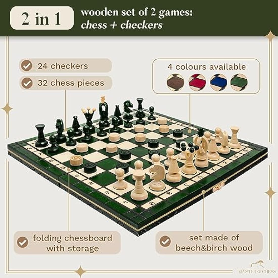 GREAT KINGDOM Chess and Checkers Set | Master of Chess Green Chess Set | Chess Board 35cm Chess Set for Adults and For Kids - Handmade Portable Chess and Drafts/Draughts Set