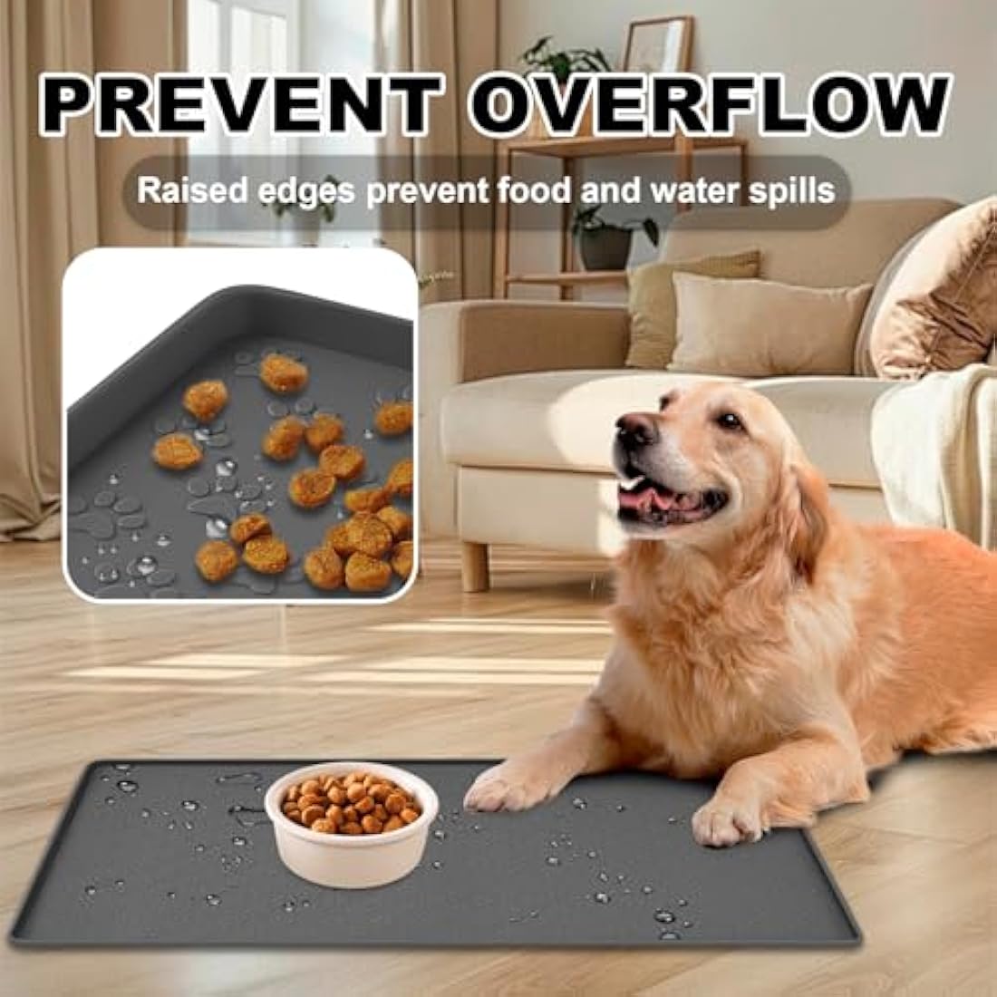 MOACC Dog Food Mat, Silicone Pet Feeding Mat, Non Slip & Waterproof Bowl Mat for Dog and Cat, 47 x 30 cm, Grey Paw Pattern