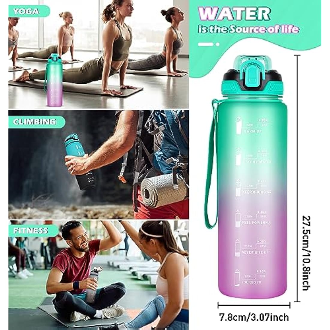 CodiCile 1L Water Bottle with Straw,Water Bottle Dishwasher Safe,Leak-proof Sports Drinks Bottle with Time Maker & Bottle Brush,Non-Toxic for Running,cycling, Gym, School & Office,Green Purple