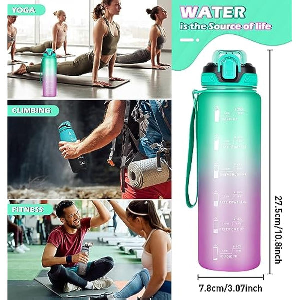 CodiCile 1L Water Bottle with Straw,Water Bottle Dishwasher Safe,Leak-proof Sports Drinks Bottle with Time Maker & Bottle Brush,Non-Toxic for Running,cycling, Gym, School & Office,Green Purple