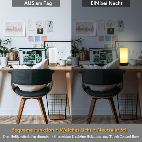 HSLighting Bedside Lamp Touch Control Table Lamp with Wooden Base Warm Glass Shade 3-Level Dimmable LED Light Bulbs Desk Lamp Minimalist for Bedroom Living Room Children's Room Round, 2 Pack