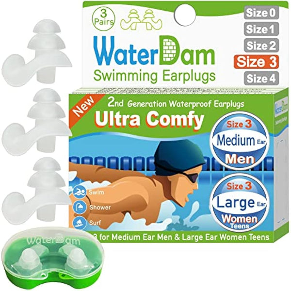 WaterDam Swimming Ear Plugs - Ultra Comfy Waterproof Earplugs Prevent Swimmer's Ear (Medium & Large, Clear)