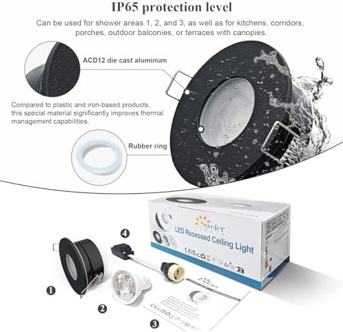 Sweier Waterproof Downlight Black,IP65 Recessed Ceiling Light Warm White 3000K,5W GU10 Downlights for Bathroom Ceiling,430Lumen LED Bathroom Spotlight,Cutout 68mm/2.68in,4 Pack
