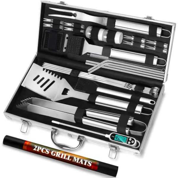 ROMANTICIST 29pcs BBQ Grill Tool Set for Men Dad, Heavy Duty Stainless Steel Grill Utensils Set, Non-Slip Grilling Accessories Kit with Thermometer, Mats in Aluminum Case for Travel, Outdoor Silver