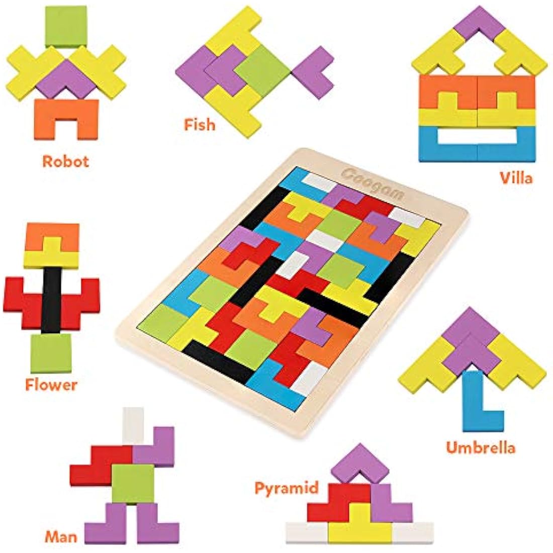 Coogam Wooden Intelligence Puzzle 40 Pcs Tangram Jigsaw Brain Teaser Toy for Kids Wood Puzzle Box Brain Game Building Block Intelligence Educational Gift for Toddlers