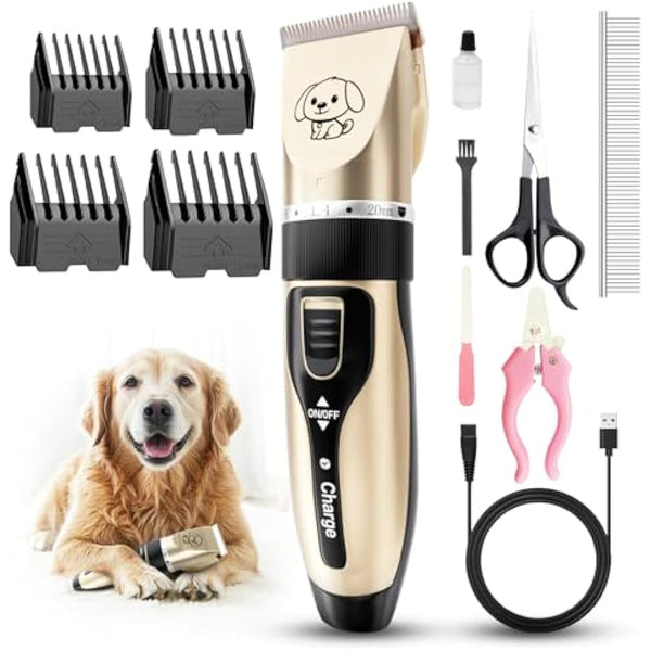 Dog Clippers, Rechargeable Low Noise Cordless Pet Clippers, with 4 Guide Combs and Cleaning Brush Nail Kits