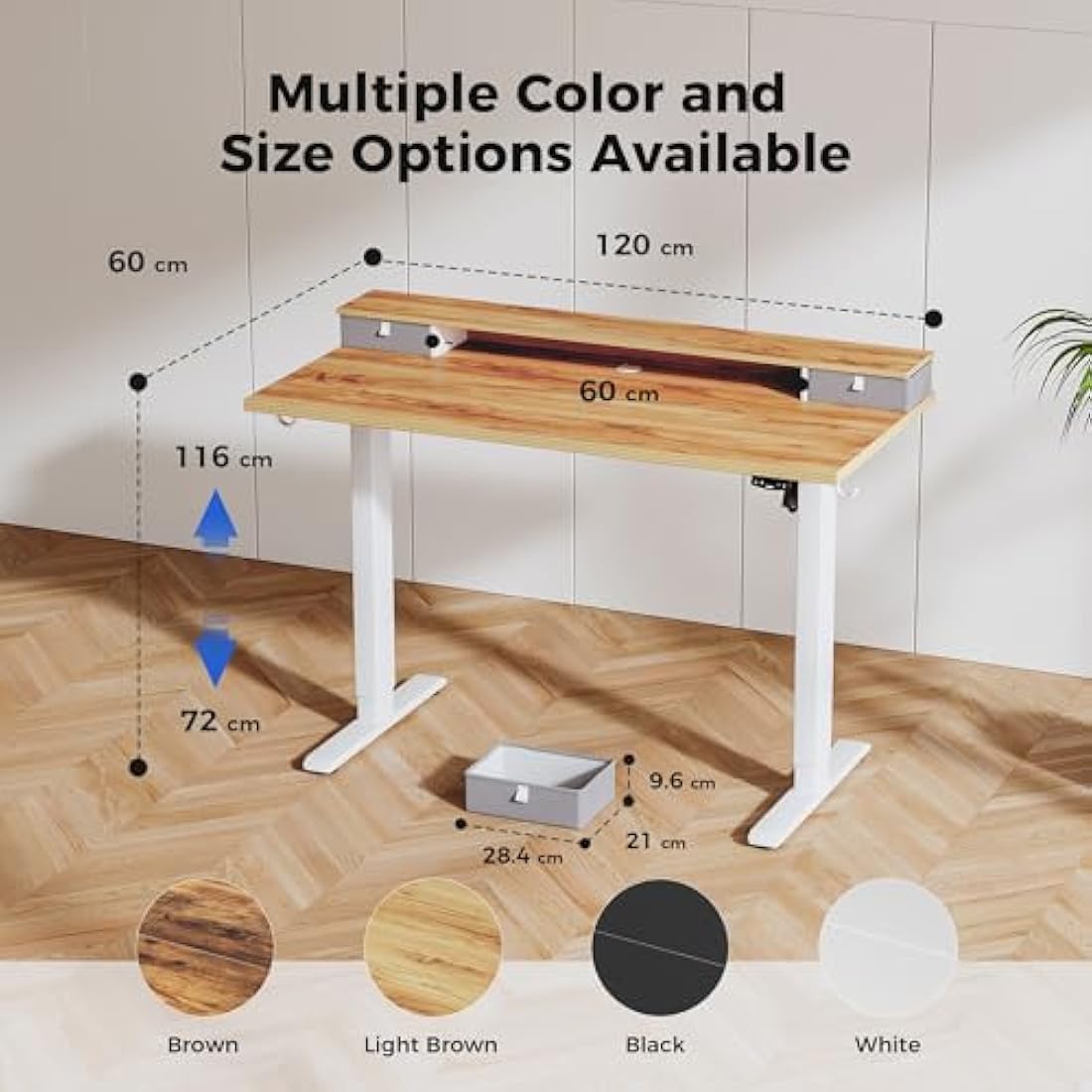 Agilestic Electric Adjustable Height Desk with 2 Drawers, 120 x 60 cm, Stable Sit-Stand Desk with Memory Control, Ergonomic Computer Desk, Light Brown