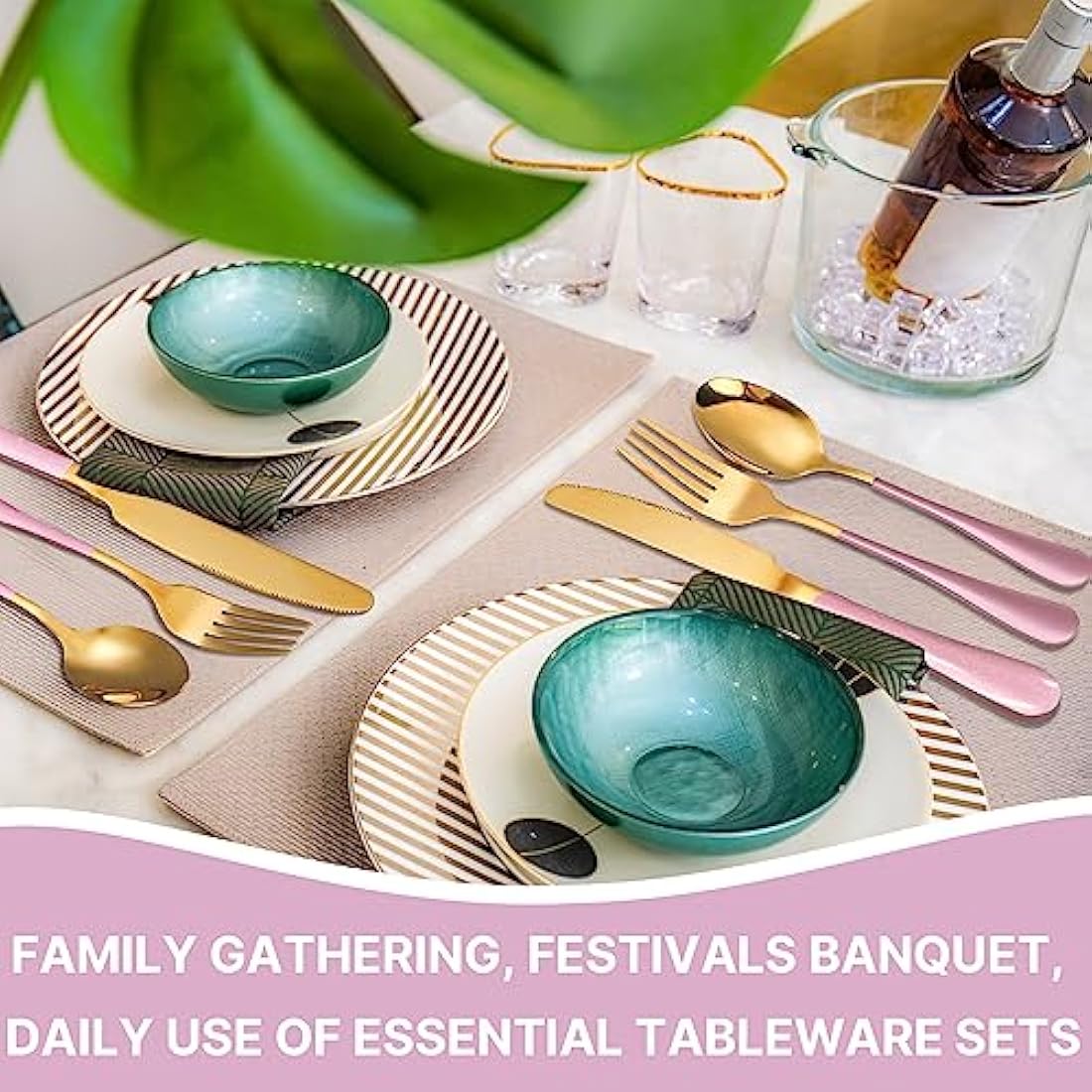 24 Piece Flatware Set, Stainless Steel Cutlery Set with Silverware Holder, Spoons, Forks, and Knives, Utensil Set Service for 6, Gold Mirror Polished and Matte Pink Painted (Pink)