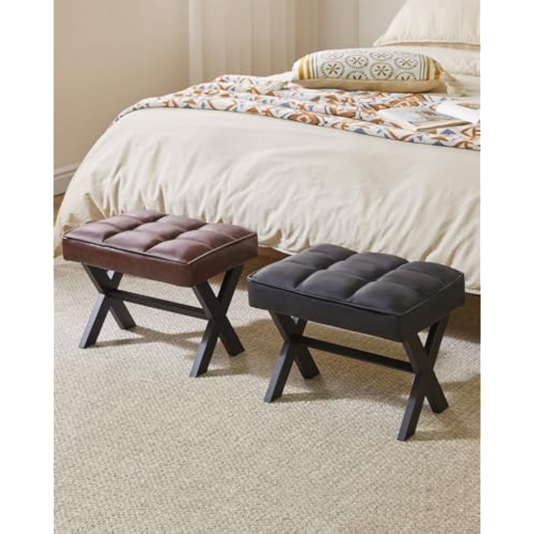 IBUYKE Small 12" H Footrest Stool, Square PU Foot Stool with Metal X-Leg, Multi-Use as Small Side Table, Step Stool for Living Room, Bedroom, Entryway, Office, Black WBD012B