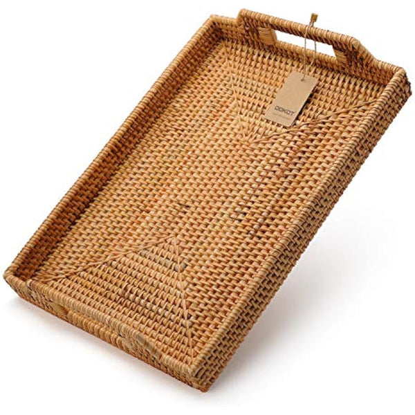 DOKOT Rattan Tray Tea Trays Rectangle Serving Tray with Handles for Coffee Table, Food, Drinks, Dinner, Breakfast, Home Decor Natural, 17x11.4x1.8inches