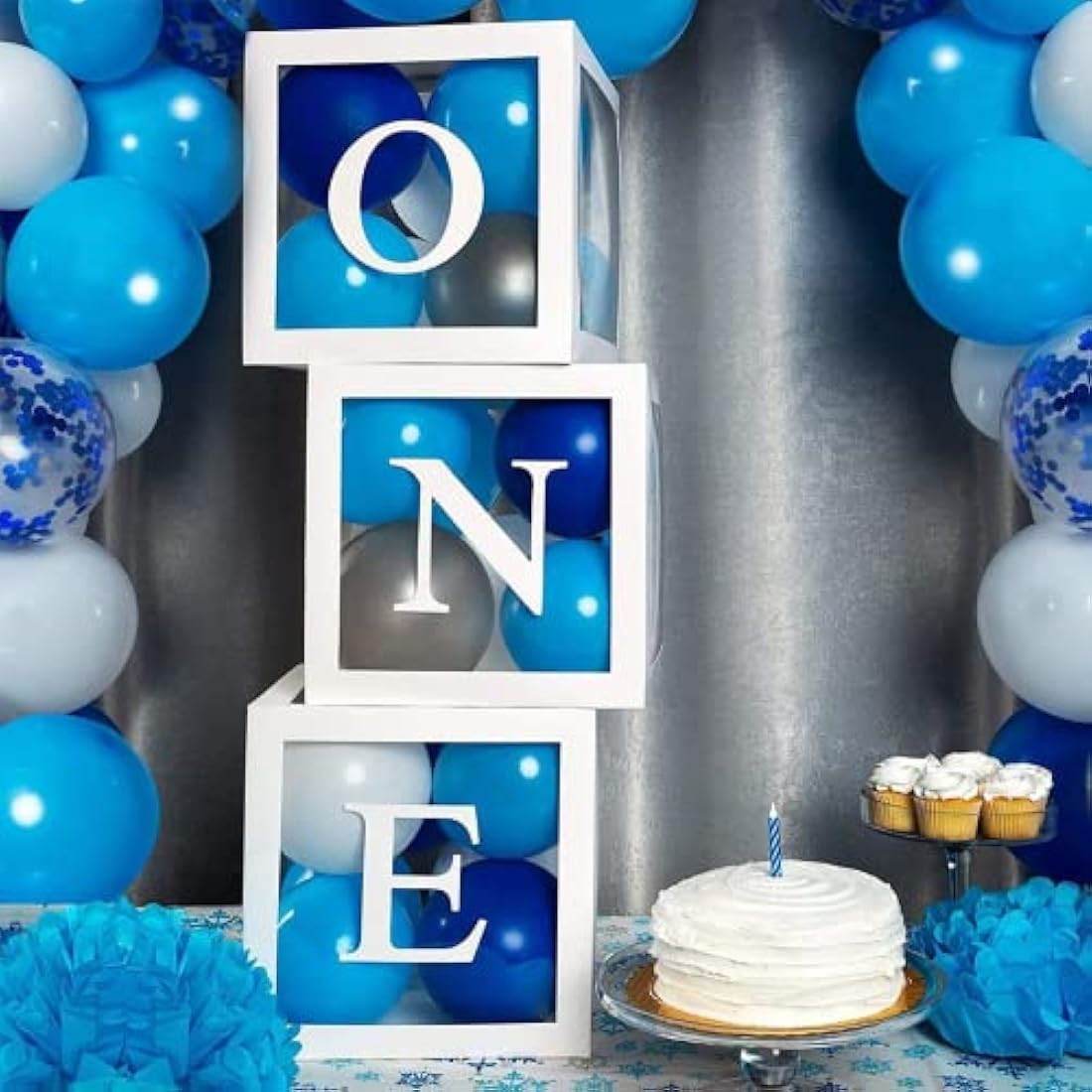 First 1st Birthday Decorations for Boys, 3Pcs White ONE Balloon Boxes with ONE Letter, One Boxes for 1st Birthday Backdrop, Balloon Blocks for First Birth Decorations, One Year Old Party Supplies