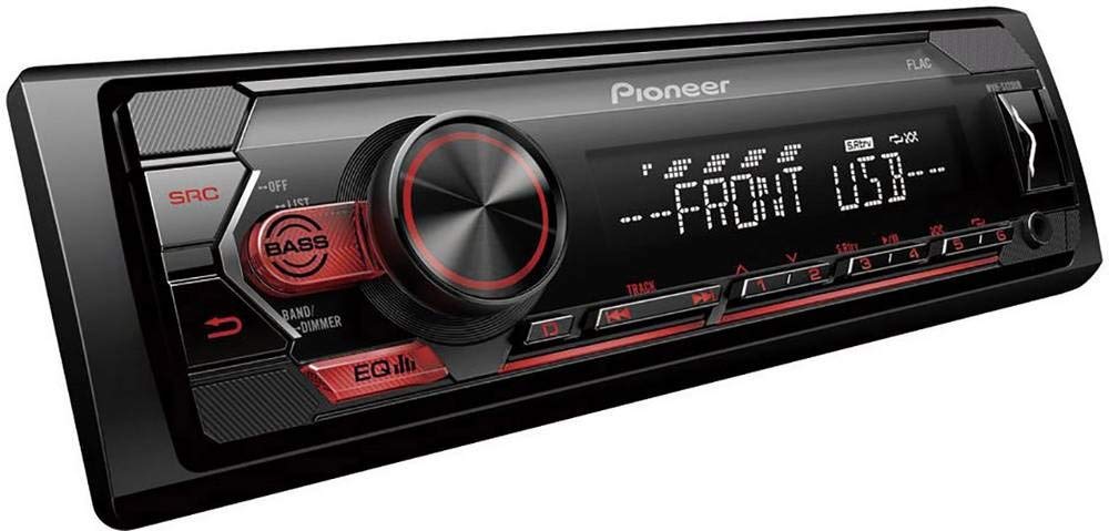 Pioneer MVH-S320BT 1-DIN receiver with Bluetooth, Red illumination, USB, Spotify, Pioneer Smart Sync App and compatible with Android devices.