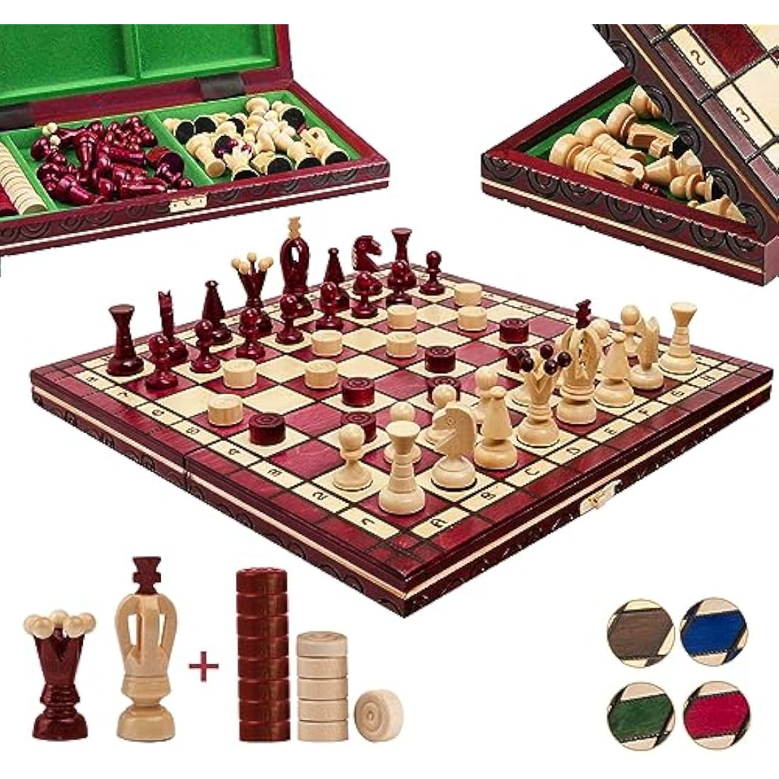 GREAT KINGDOM Chess and Checkers Set | Master of Chess Red Chess Set | Chess Board 35cm Chess Set for Adults and For Kids - Handmade Portable Chess and Drafts/Draughts Set