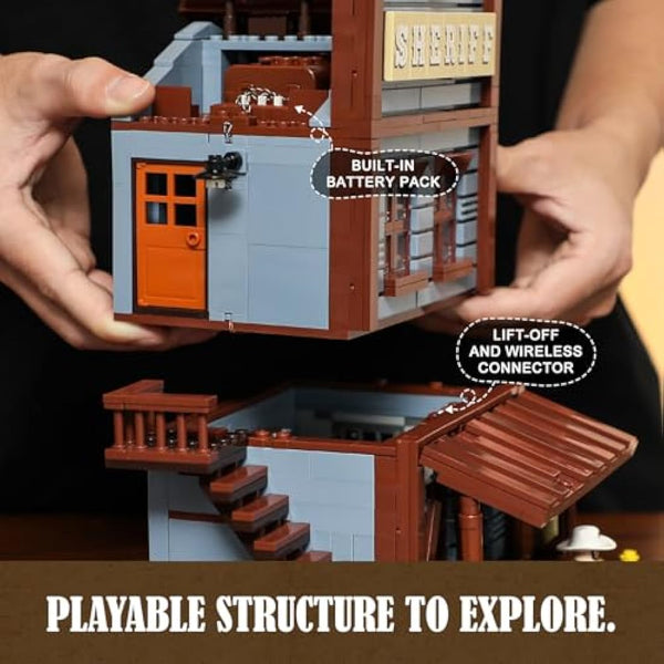 FUNWHOLE Old West Sheriff’s Office Lighting Building Bricks Set - Western Construction Modular Building Blocks Cowboy Wild West Collectible Toy Building Sets 1240 Pcs for Adults and Teen