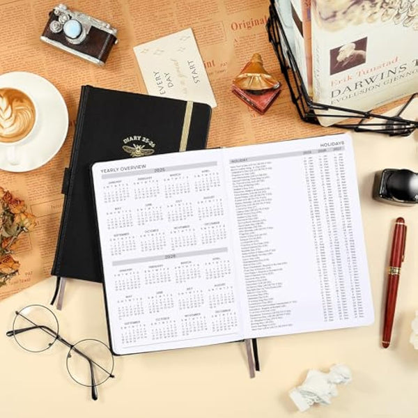 Acadmeic Diary 2025-2026 - A5 Diary 2025-2026 Day Per Page, July 2025 to June 2026, Productivity A5 Daily Planner, with Monthly Tabs, Inner Pocket, Black, Banded, 14.5 X 21 cm