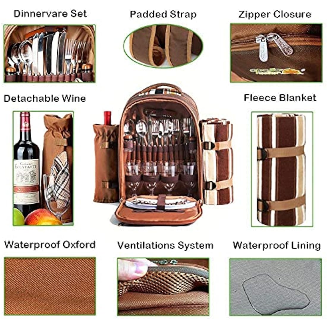 Hap Tim luxury 4 Person Picnic Backpack Picnic Rucksack Bag Hamper with Insulated Cooler Compartment includes Tableware & Fleece Blanket(EU3065)