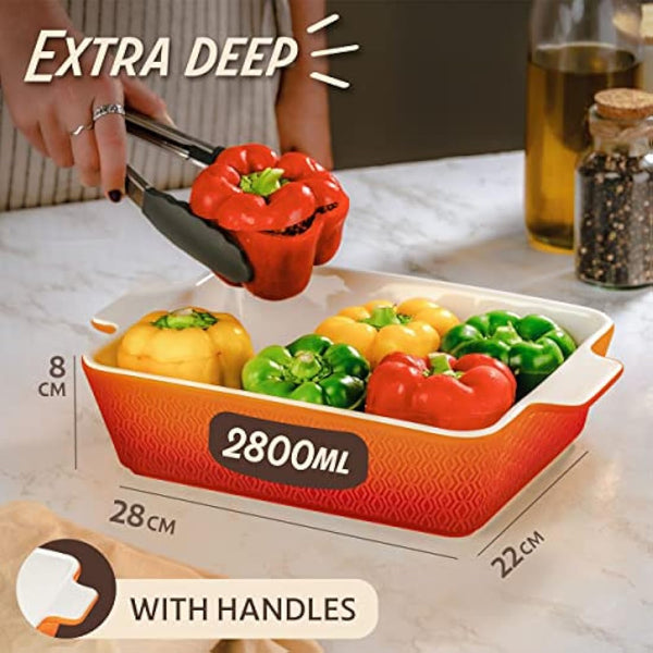 Ceramic Casserole Dish 28cm - Large Baking Dish for Lasagne, Tiramisu - Non-stick Rectangular Bakeware - Extra High Edge - Oven & Dishwasher Safe - Orange