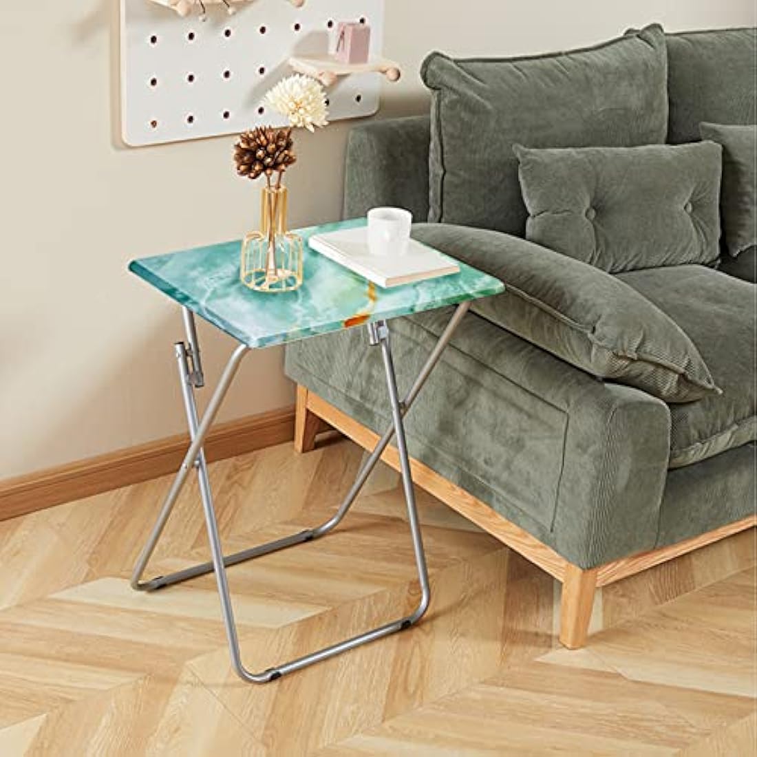 Huhote Small Folding Table, Folding Snack Table, TV Tray Tables, Balcony Foldable Tables, Outdoor CampingTable, SofaTable, SideTable, EndTable, LaptopTable for Small Space Living Room (Blue Marble)