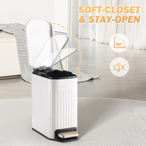 ELPHECO Slim Bathroom Trash Can Foot-Operated Stainless Steel Garbage Can with Soft Close Lid Step Trash Bin with Removable Inner Bucket for Bedroom, Office, Kitchen (White, 1.8 Gallons)