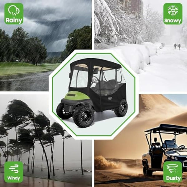 10L0L Golf Cart Enclosure for 2 Seater Club Car DS Precedent Onward and Tempo, 600D Waterproof and Windproof Golf Buggy Cover with Side Mirrors Opening Zipper 4 Side Clear Windows and Taillight Zone
