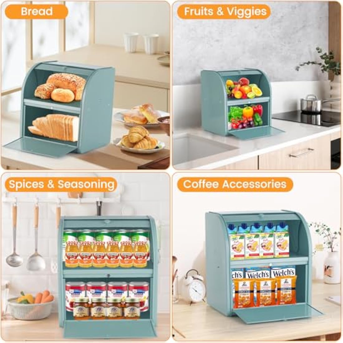Esilihom Bread Bin, Bread Bins for Kitchen, 2-Layer | Large | Roll Top | 30 x 24.5 x 32.5cm, Green