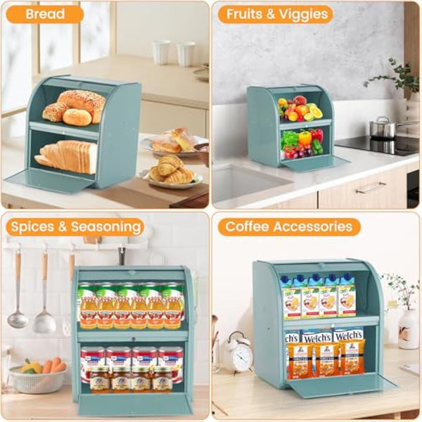 Esilihom Bread Bin, Bread Bins for Kitchen, 2-Layer | Large | Roll Top | 30 x 24.5 x 32.5cm, Green