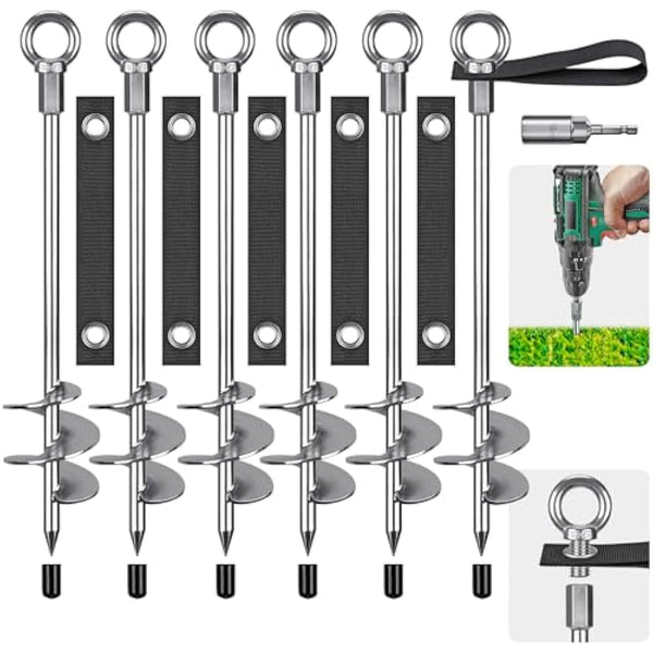 Insaga Tent Peg, 45cm Heavy Duty Ground Anchor Large Metal Earth Stake Spiral Blade Screw in Trampolines Spike for Swing Set/Camping/Shed/Dog/Carport with Fixed Loop Strap, 6 Pack
