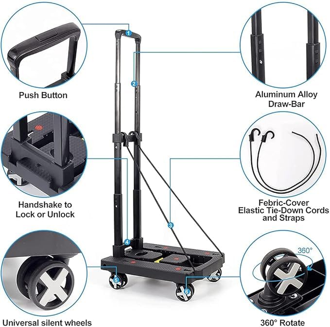 XINGHE Sack barrow, aluminium hand truck, 50 kg/110 lb load capacity, integrated tensioning straps, with retractable handle, large smooth-running wheels with soft tread (Black4)