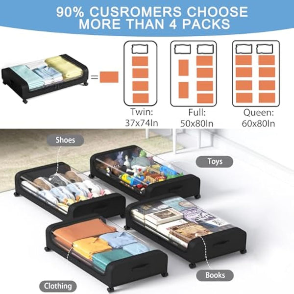 2 Pack Under Bed Storage with Wheels Lid 48L Rolling Metal Frame Underbed Containers Clear Window Storage Bag Box Organization Home Bedroom Organizer Drawer Bin for Clothes Shoes Toys Blankets Black