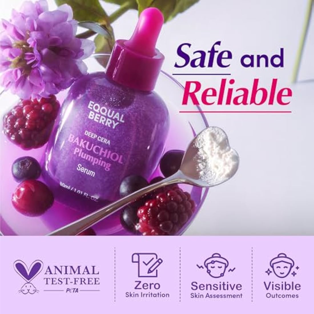EQQUALBERRY Bakuchiol Plumping Serum - Pore and Wrinkle Minimiser | Retinol Alternative for Sensitive Skin | Improves Strength and Elasticity with Ceramide, 30 ml