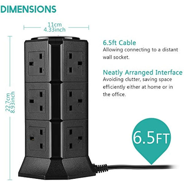 Extension Lead PRITEK 12 Way Outlets 1000J Surge Protector Vertical Power Strip with 5 USB Charging Ports 10A/2500W Overload Protection Extension Socket with 6.5ft Extension Cord (Black)