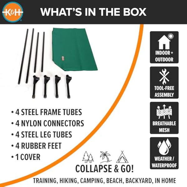 K&H Pet Products Elevated Outdoor Dog Cot, Raised Cooling Bed With Washable Breathable Mesh for Medium Dogs, Portable Platform, Heavy Duty Metal Frame Hammock, Medium, Green