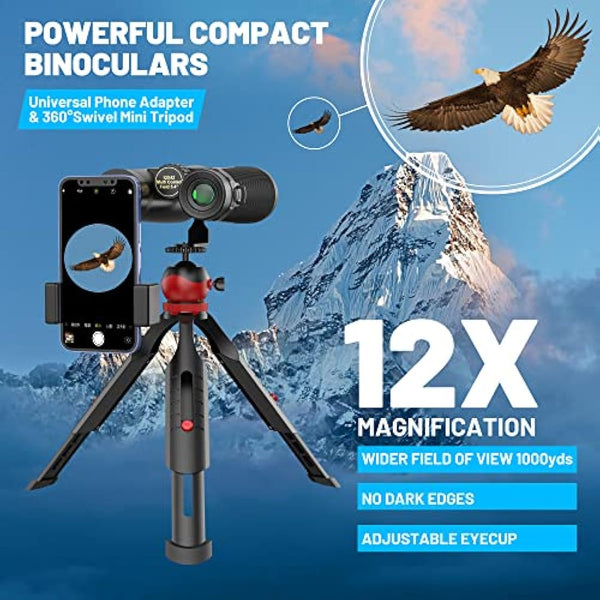 Binoculars for Adults, Kylietech 12x42 Binoculars with Tripod, Waterproof Bird Watching Binocular with BaK-4 Prisms, FMC Lens, Phone Adapter for Photography, Stargazing